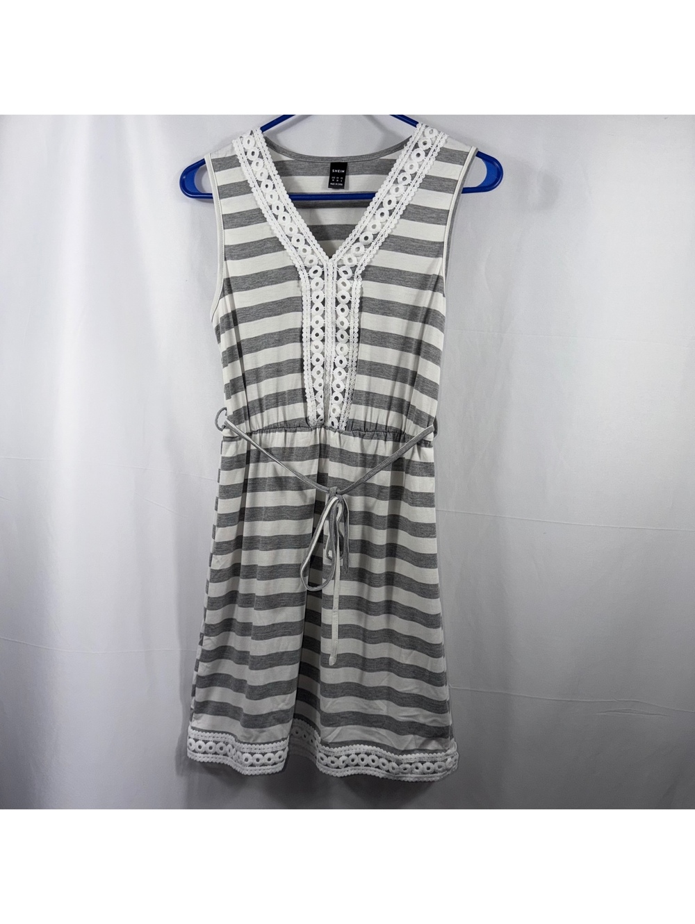 SHEIN Women M Gray White Striped Crochet Trim Dress